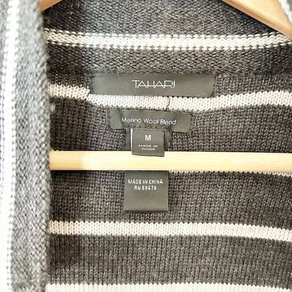 Tahari Merino Wool Blend Striped Cardigan Gray White Button-Front Pockets Sz S - Picture 2 of 6